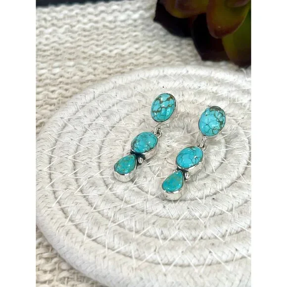 Handmade Sterling Silver Number 8 Turquoise Post Dangle Earrings with Signed Ni - Picture 3 of 5